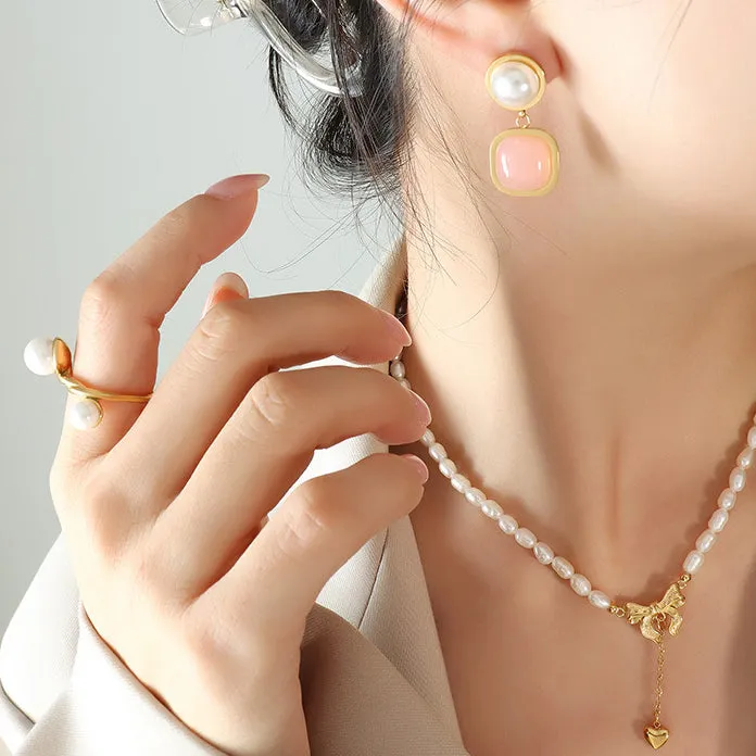 Square Pink Jade Pearl Earrings