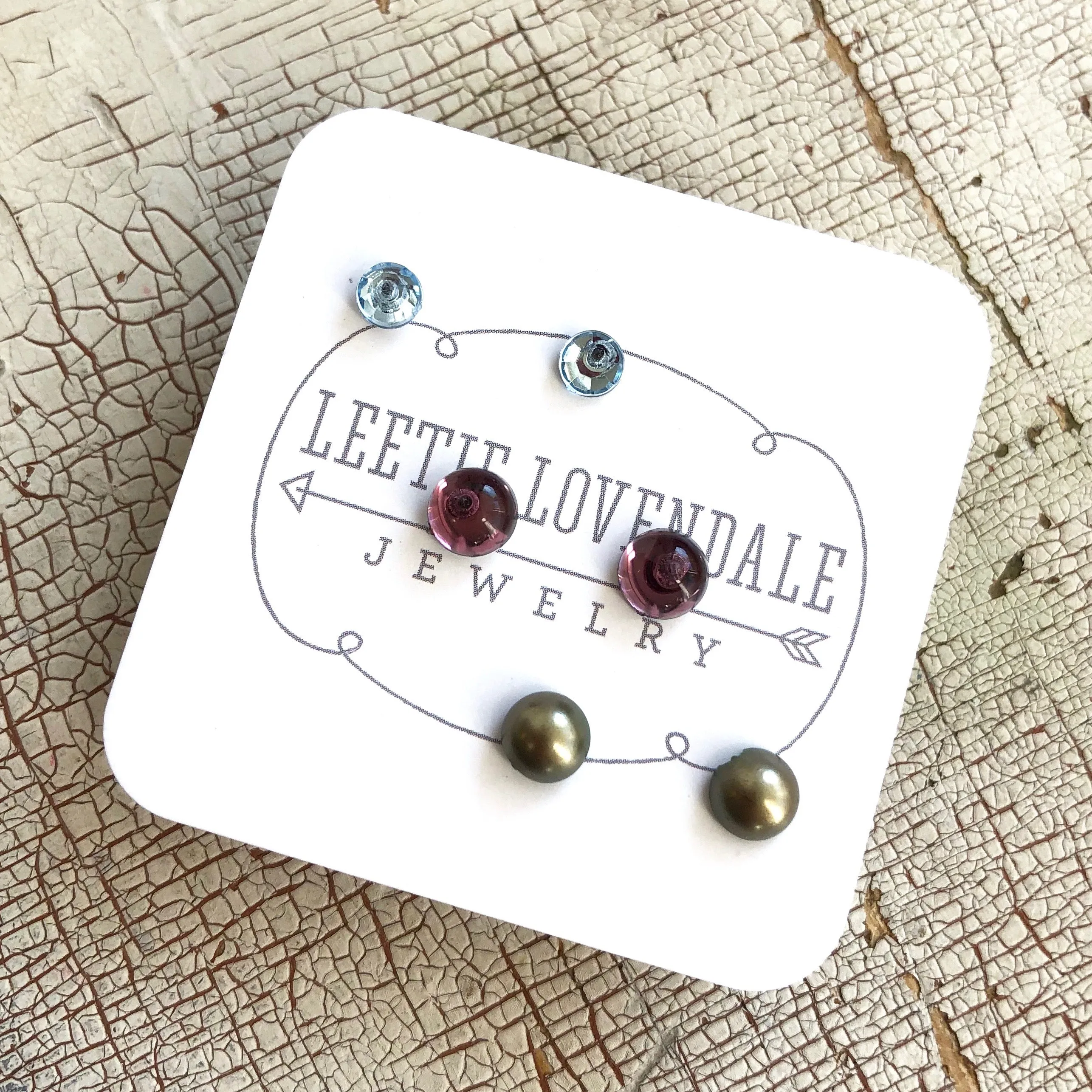 Tiny Bling & Pearls Studs Set | Green Pearl Amethyst & Ice Blue