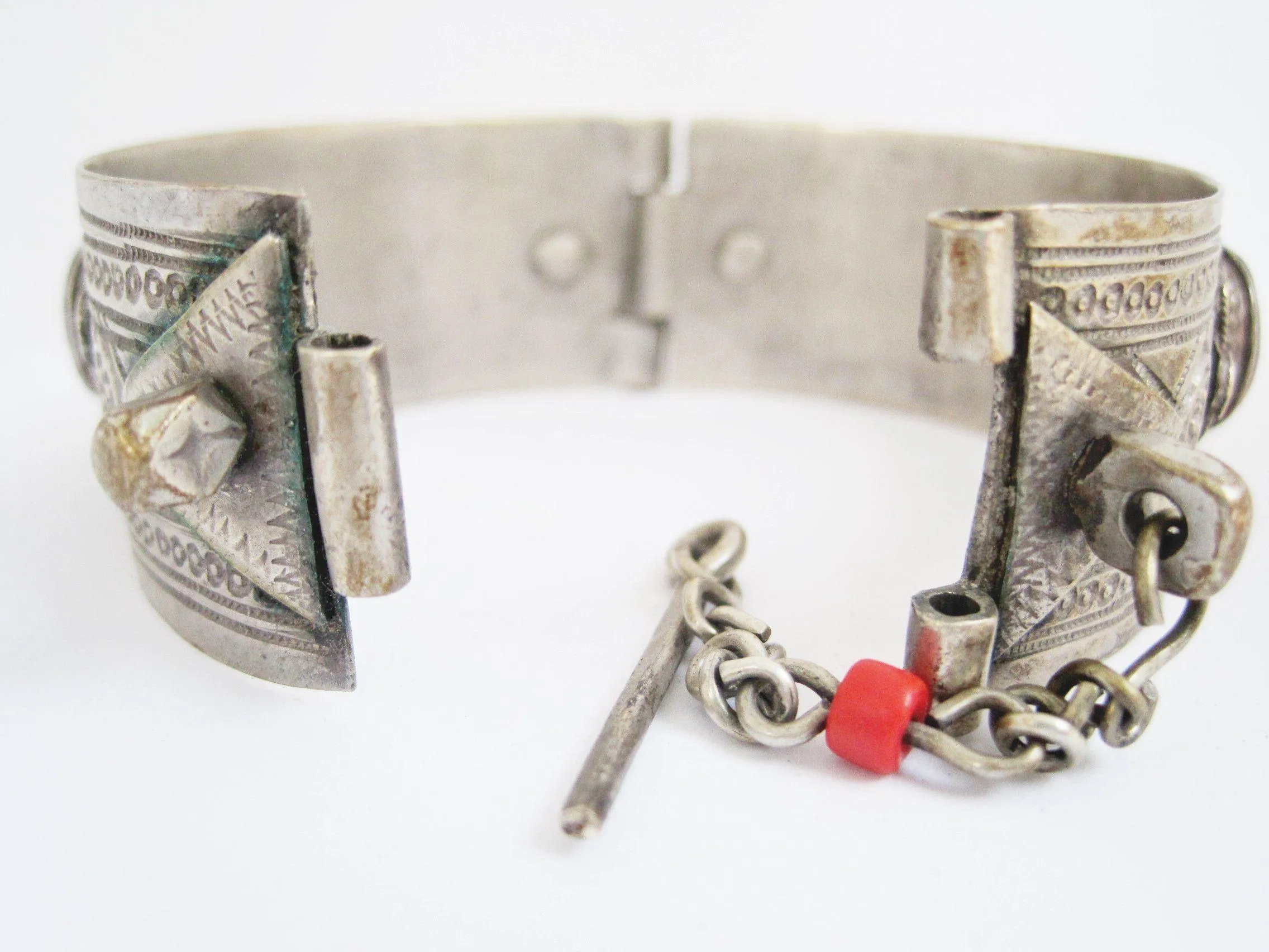 Vintage Silver Moroccan Bracelet with Enamel and Glass