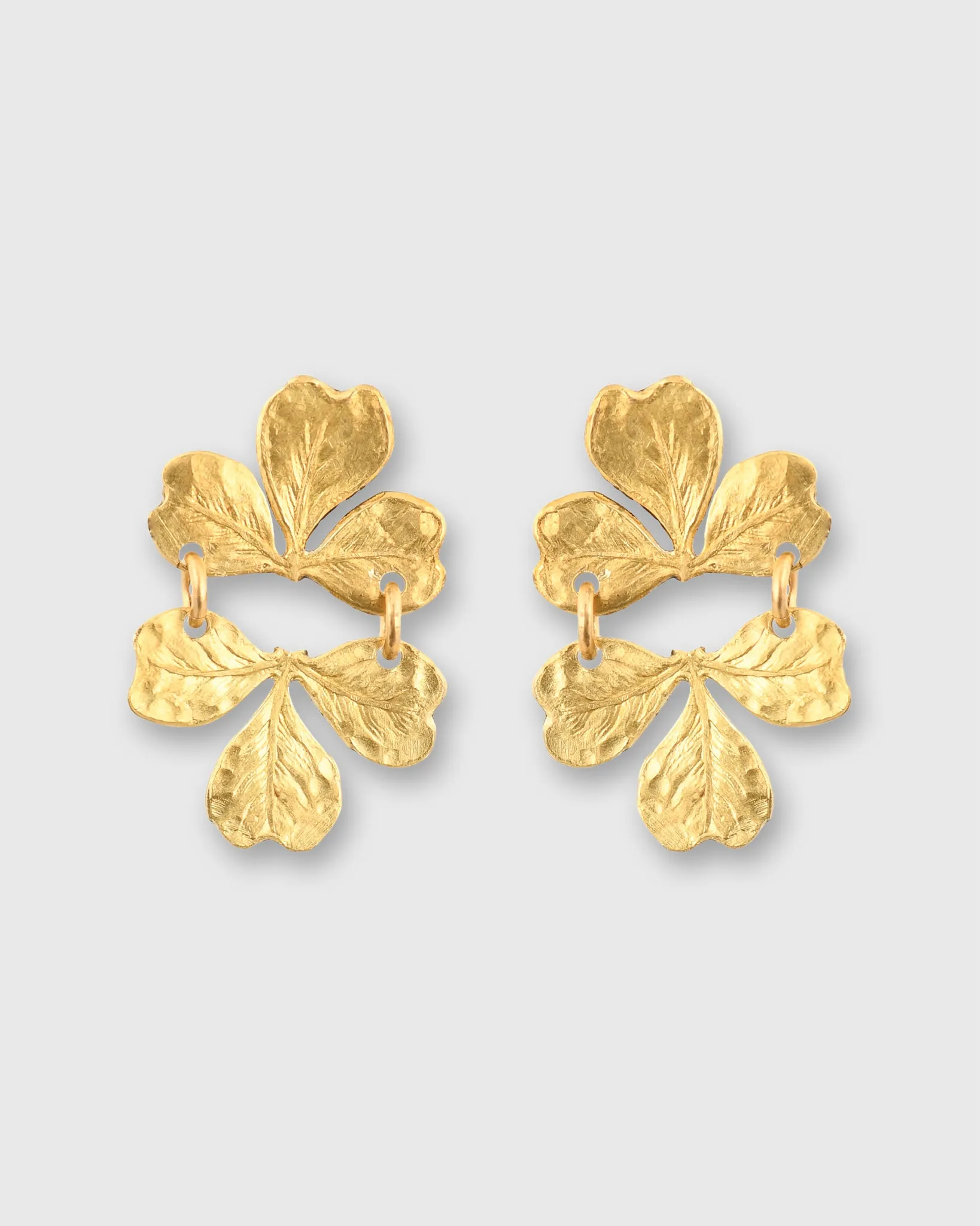 Wee Clover Earrings in Hammered Brass