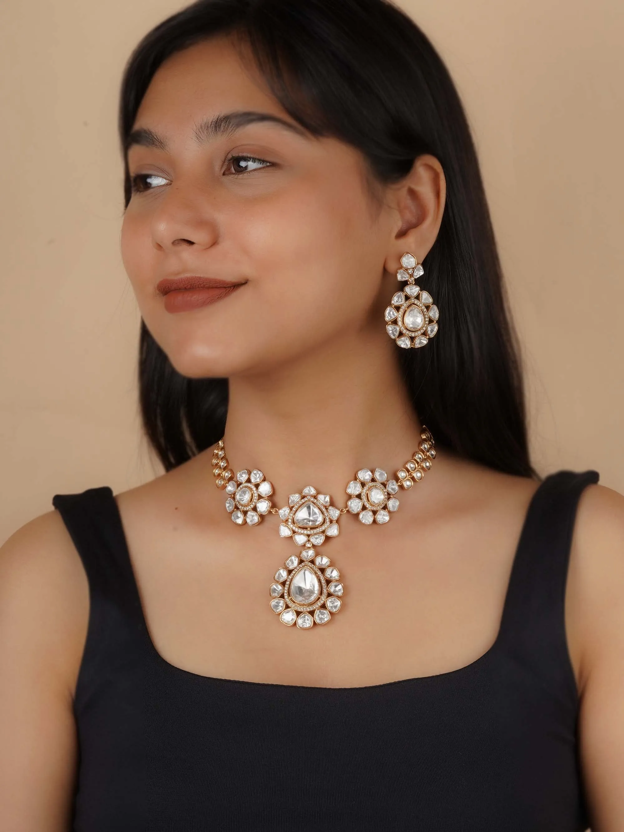White Color Gold Plated Faux Polki Necklace Set - PK-S239