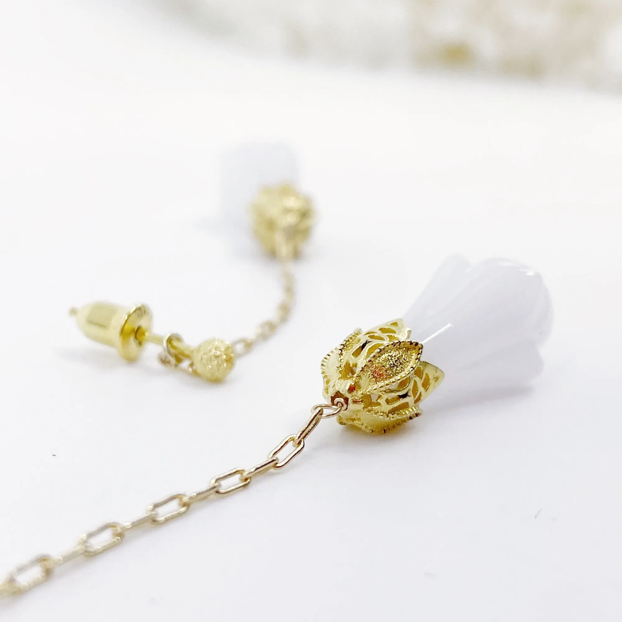 White Jade Flower Stud Earrings Gold