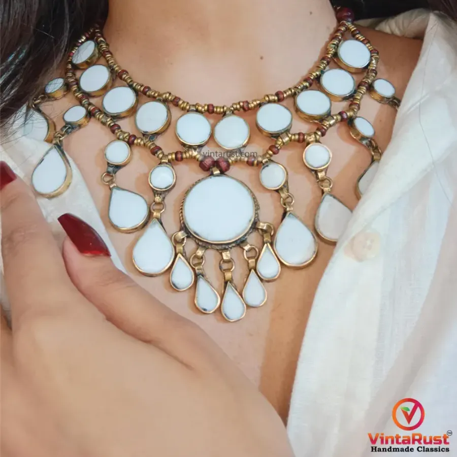 White Tribal Stone Bib Necklace, White Stone Antique Necklace