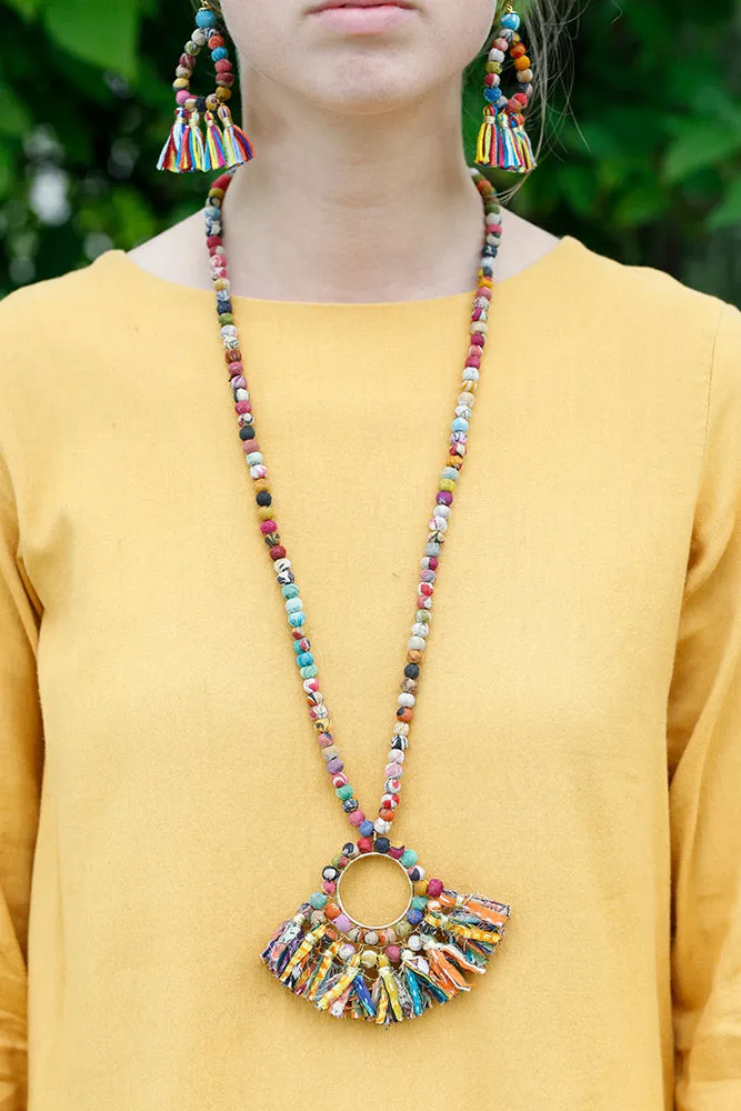 Worldfinds Fringed Kantha Hoop Pendant Necklace